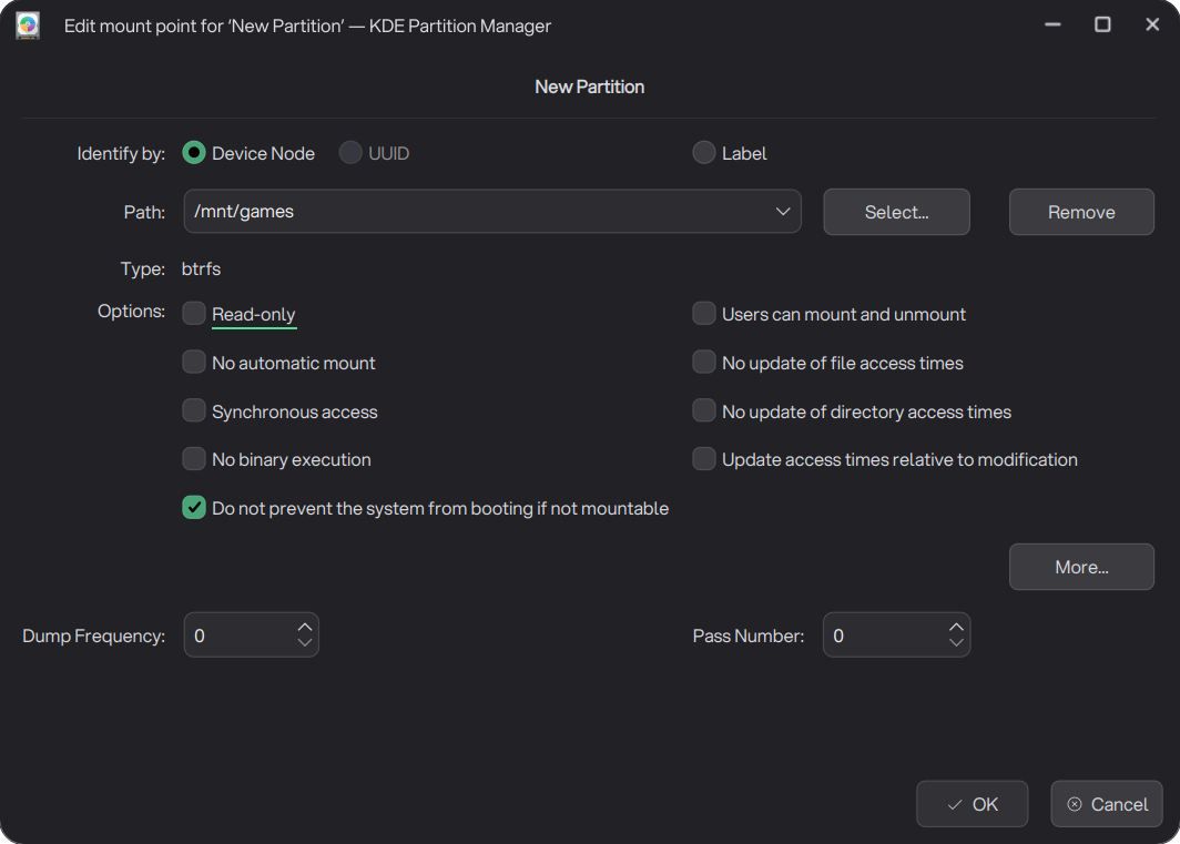 Manage Mount Points dialog with No automatic mount unchecked