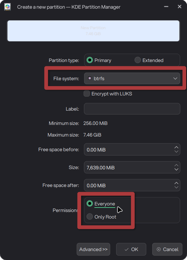 New partition dialog with btrfs and Everyone permissions selected