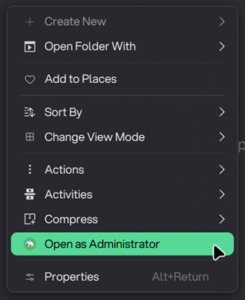 Dolphin context menu showing Open as Administrator