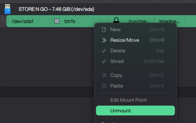 Right-click menu showing Unmount option